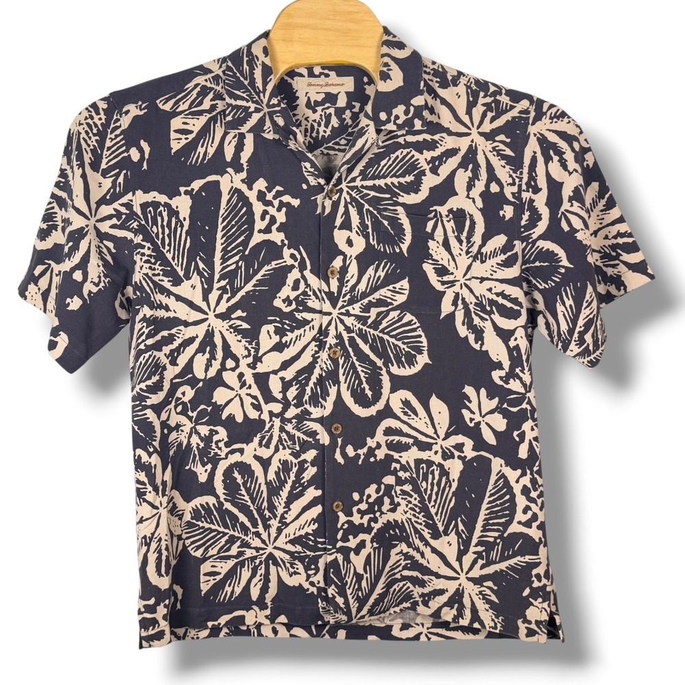 Tommy Bahama Button Up Men L Gray Cream Tropical 100% Silk Camp Shirt Casual